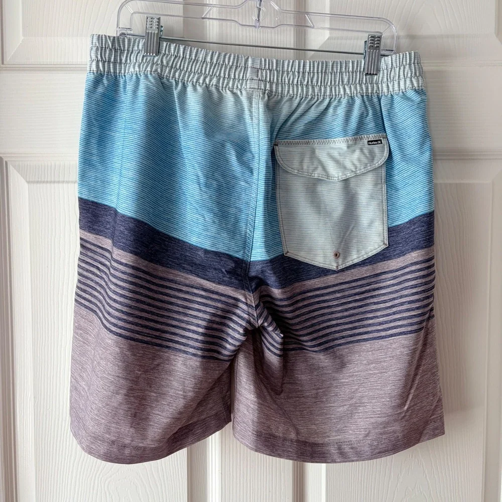 Hurley Mens Board Shorts Blue Grey Striped Swim Trunks Large Elastic Waist